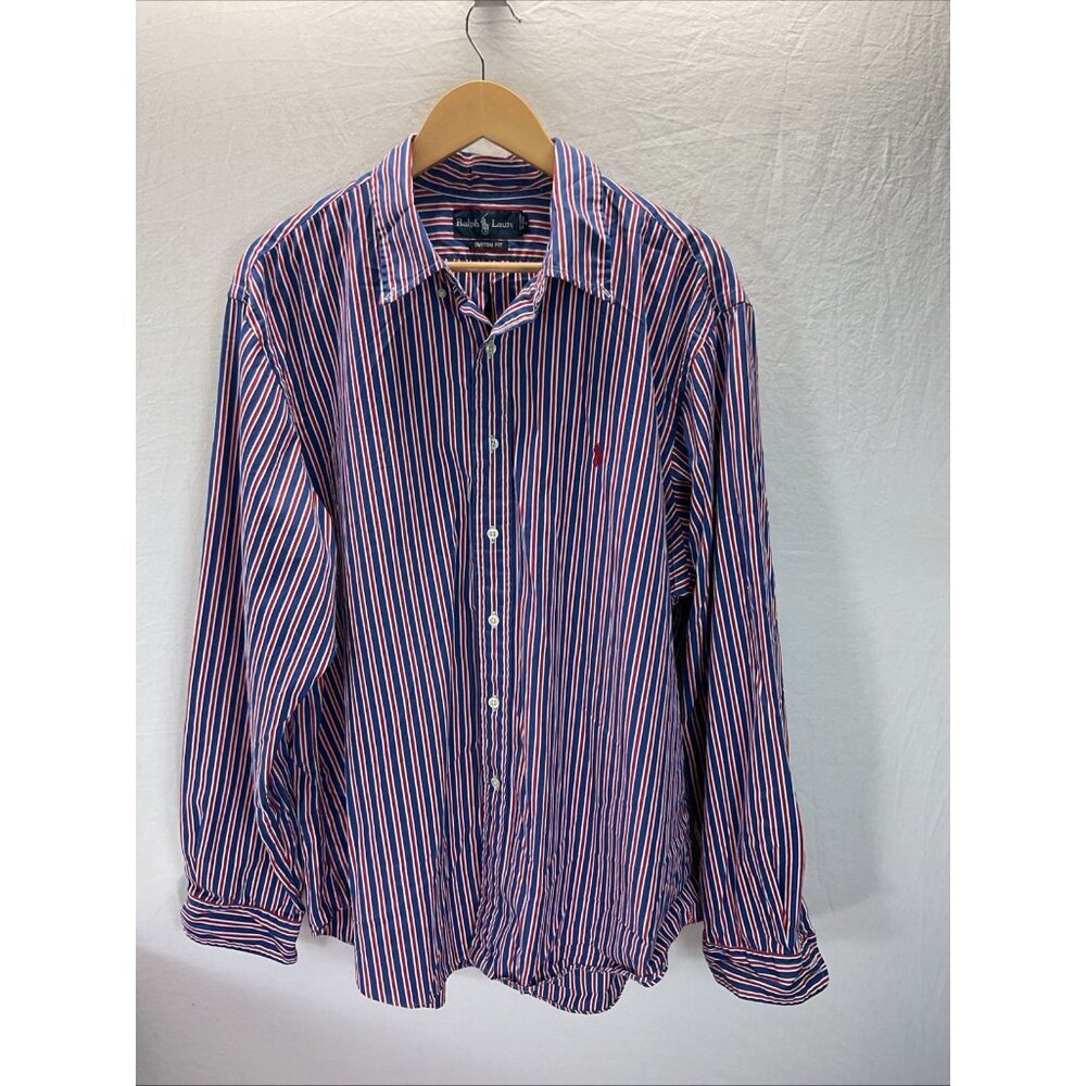 Ralph Lauren Oxford Button Up Shirt Red Blue Striped Mens 2XL Long‎ Sleeve logo
